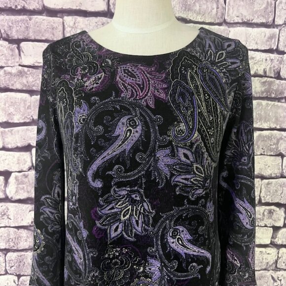Emma & Michele Black & Purple Paisley Long Sleeve Dress Size M - Picture 2 of 8